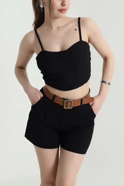 Siyah Ottoman Kumaş Crop Bluz 466106