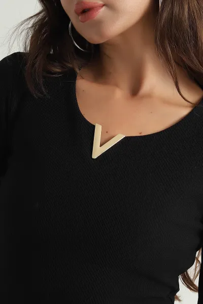 Siyah Ottoman Likralı Uzun Kol Kadın Bluz 396477