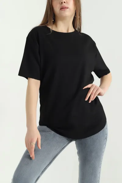 Siyah Oval Kesim Dokulu Tişört 337671