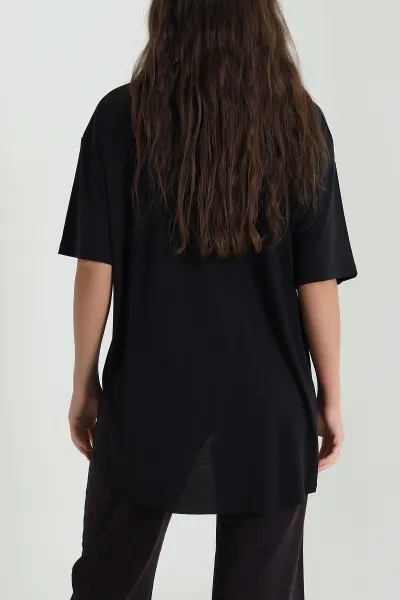 Siyah Oval Kesim Modal Kadın Tişört 472547