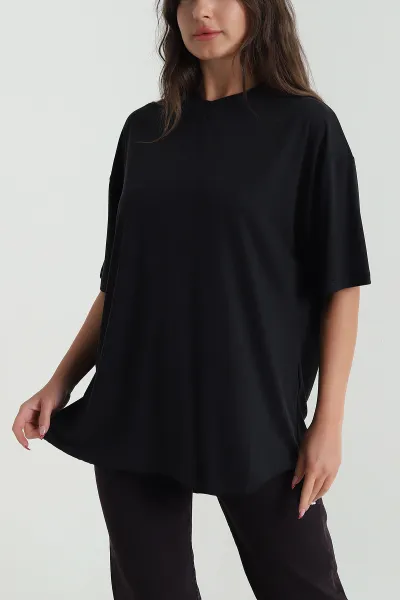 Siyah Oval Kesim Modal Kadın Tişört 472547