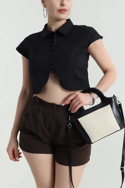 Siyah Oval Kesim Poplin Kadın Crop Gömlek 472290