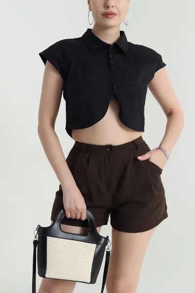 Siyah Oval Kesim Poplin Kadın Crop Gömlek 472290