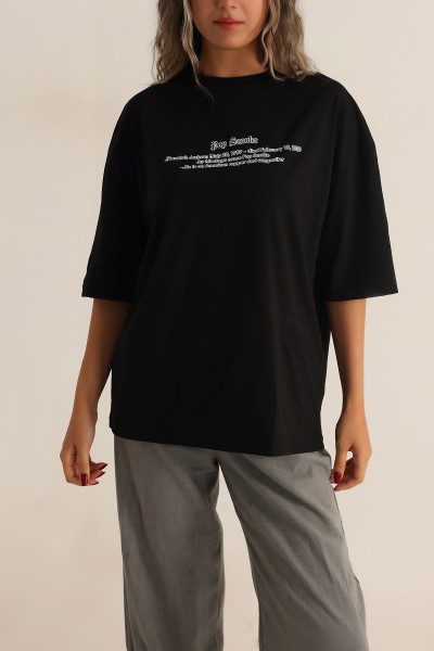 Siyah Oversize Baskılı Bayan Tişört 193652