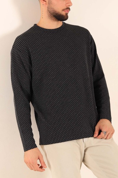 Siyah Oversize Bisiklet Yaka Dokulu Erkek Sweat 212705