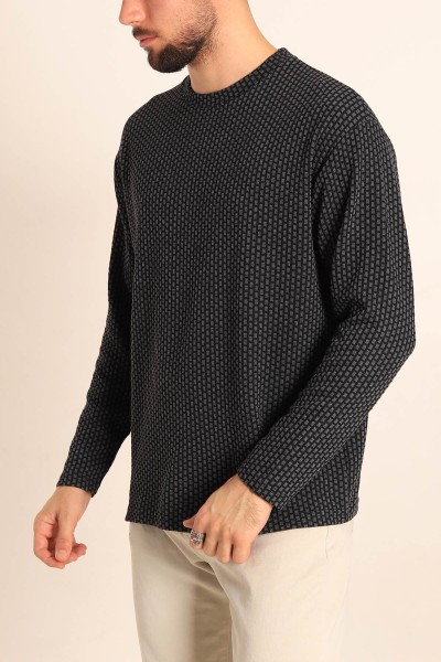Siyah Oversize Bisiklet Yaka Dokulu Erkek Sweat 212705