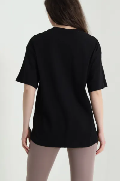 Siyah Oversize Bisiklet Yaka Süprem Kadın Tişört 452514