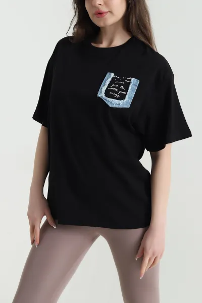 Siyah Oversize Bisiklet Yaka Süprem Kadın Tişört 452514