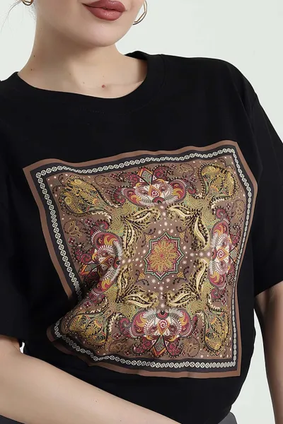 Siyah Oversize Bisiklet Yaka Taşlı Süprem Kadın Tişört 447097