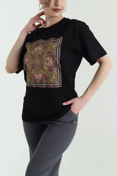 Siyah Oversize Bisiklet Yaka Taşlı Süprem Kadın Tişört 447097