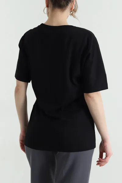 Siyah Oversize Bisiklet Yaka Taşlı Süprem Kadın Tişört 447097