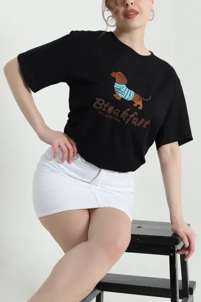 Siyah Oversize Bisiklet Yaka Taşlı Süprem Kadın Tişört 447107