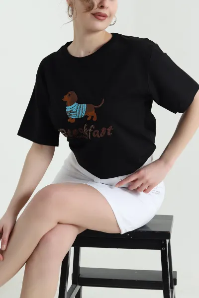 Siyah Oversize Bisiklet Yaka Taşlı Süprem Kadın Tişört 447107