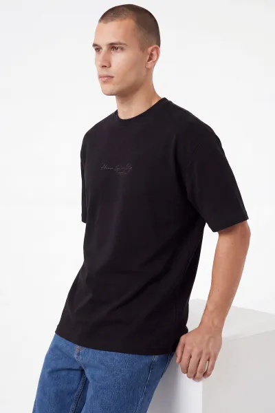 Siyah Oversize Bisiklet Yaka Yazı Detaylı Erkek Tişört 465422