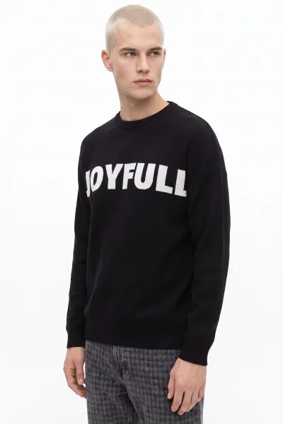 Siyah Oversize Bisiklet Yaka Yazı Nakışlı Erkek Triko Kazak 491859