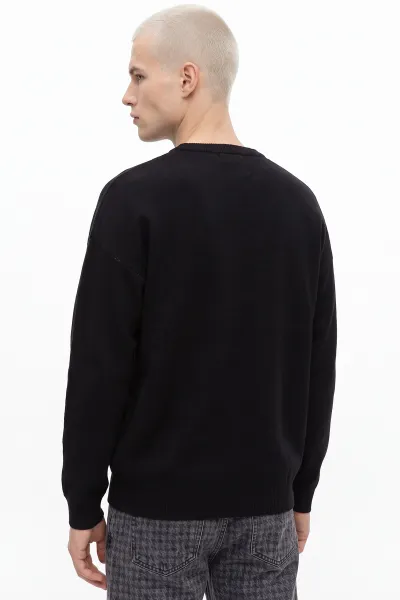 Siyah Oversize Bisiklet Yaka Yazı Nakışlı Erkek Triko Kazak 491859