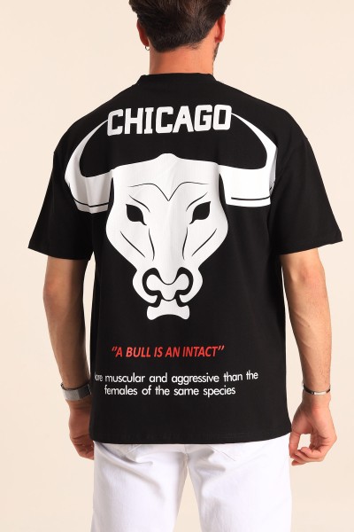 Siyah Oversize Chicago Baskılı Erkek Tişört 181403