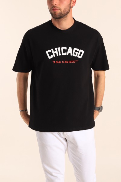 Siyah Oversize Chicago Baskılı Erkek Tişört 181403