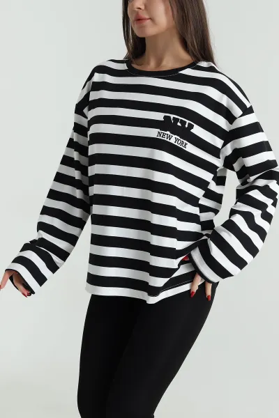Siyah Oversize Çizgili Nakışlı Oysho Kadın Sweat 492879