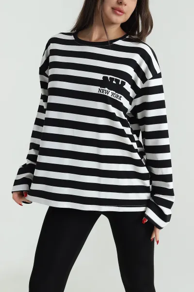Siyah Oversize Çizgili Nakışlı Oysho Kadın Sweat 492879