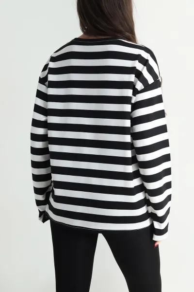 Siyah Oversize Çizgili Nakışlı Oysho Kadın Sweat 492879