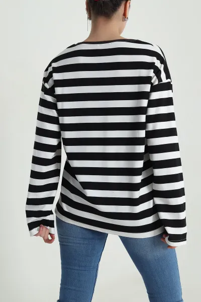 Siyah Oversize Çizgili Nakışlı Oysho Kadın Sweat 492883