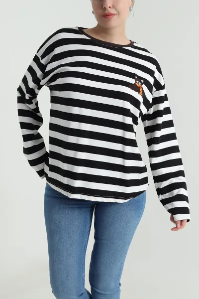 Siyah Oversize Çizgili Nakışlı Oysho Kadın Sweat 492883