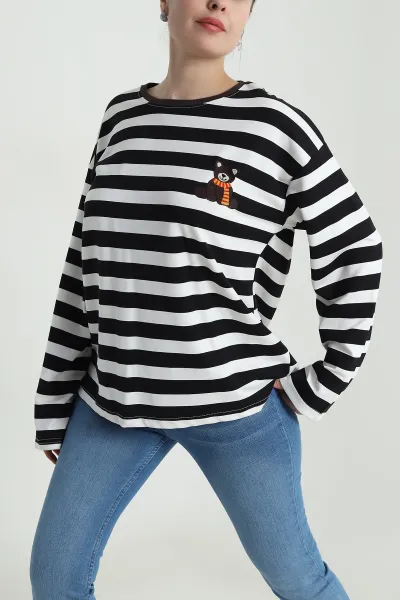 Siyah Oversize Çizgili Nakışlı Oysho Kadın Sweat 492883