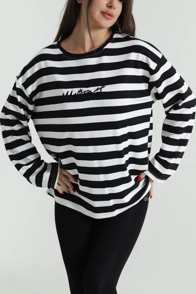Siyah Oversize Çizgili Nakışlı Oysho Kadın Sweat 492887
