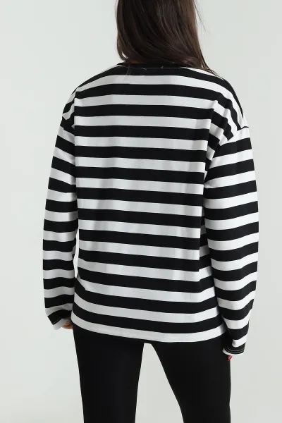 Siyah Oversize Çizgili Nakışlı Oysho Kadın Sweat 492887