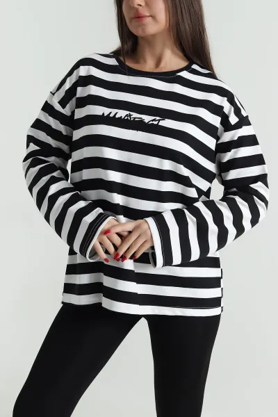 siyah-oversize-cizgili-nakisli-oysho-kadin-sweat-492887