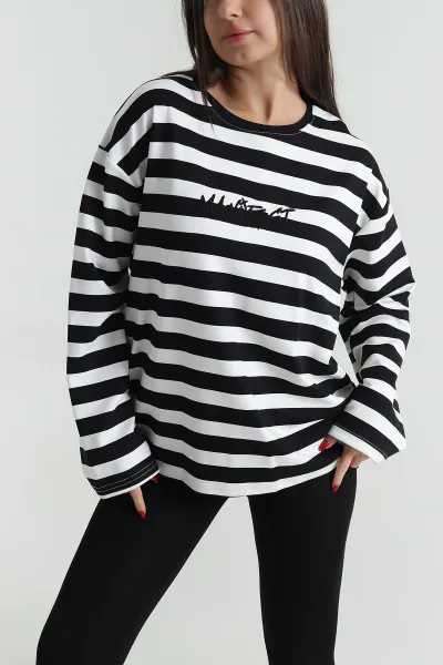 Siyah Oversize Çizgili Nakışlı Oysho Kadın Sweat 492887