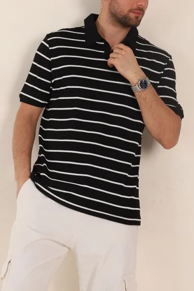 Siyah Oversize Çizgili Petek Dokulu Polo Yaka Erkek Triko Tişört 354052