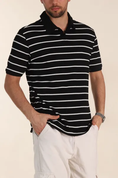 Siyah Oversize Çizgili Petek Dokulu Polo Yaka Erkek Triko Tişört 354052