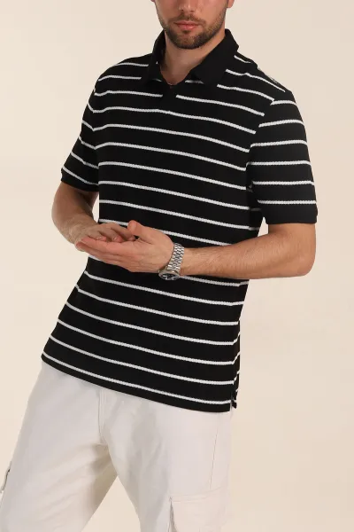 Siyah Oversize Çizgili Petek Dokulu Polo Yaka Erkek Triko Tişört 354052