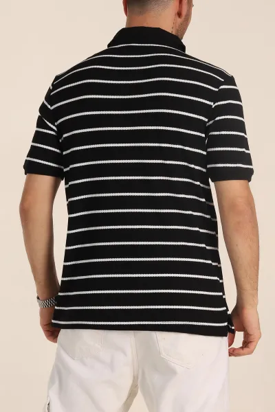 Siyah Oversize Çizgili Petek Dokulu Polo Yaka Erkek Triko Tişört 354052