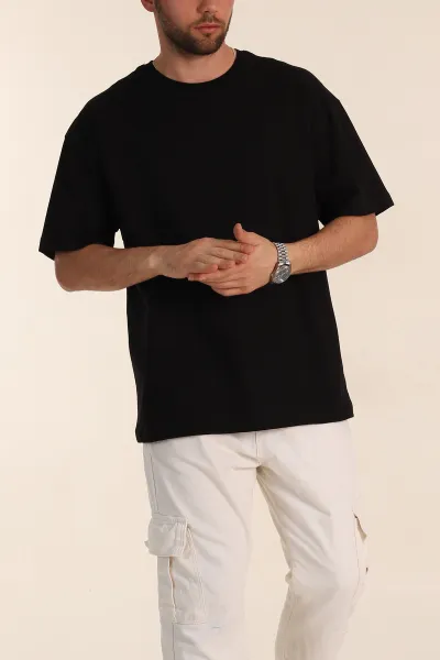 Siyah Oversize Dikiş Detaylı Basic Erkek Tişört 348835
