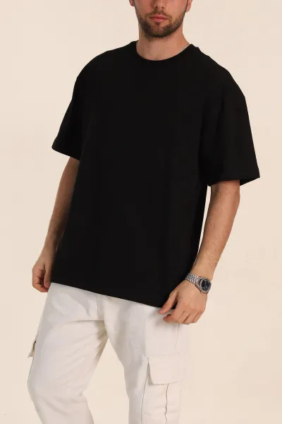Siyah Oversize Dikiş Detaylı Basic Erkek Tişört 348835