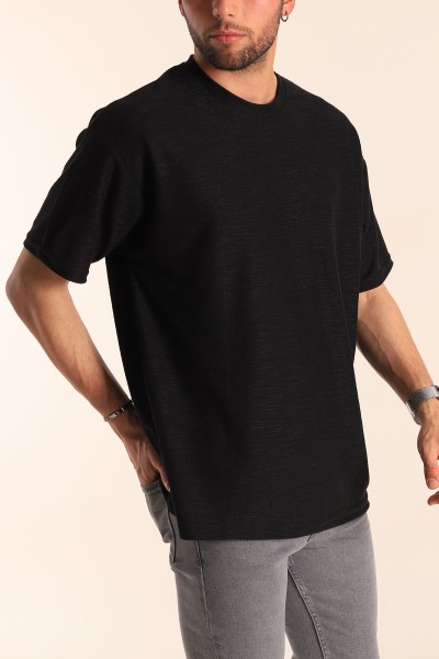 Siyah Oversize Dokulu Bisiklet Yaka Erkek Tişört 181430