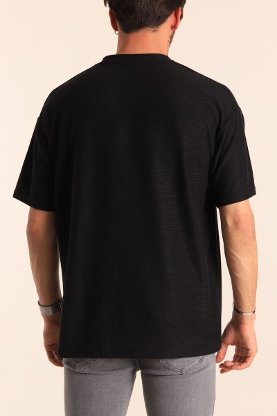 Siyah Oversize Dokulu Bisiklet Yaka Erkek Tişört 181430