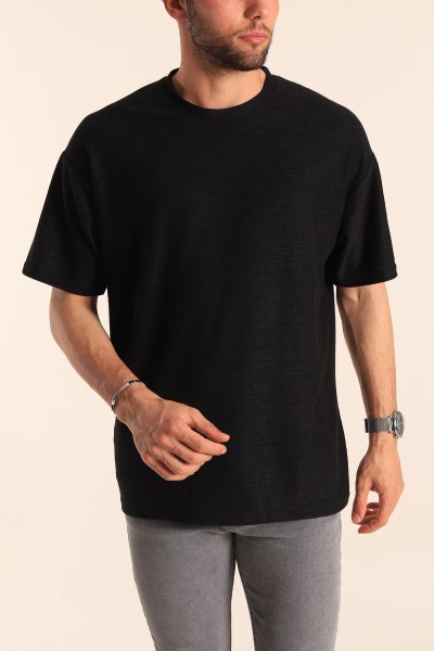 Siyah Oversize Dokulu Bisiklet Yaka Erkek Tişört 181430