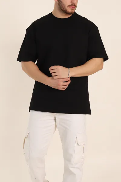 Siyah Oversize Double Face Kumaş Basic Erkek Tişört 340525