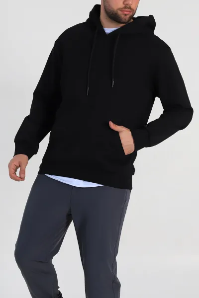 Siyah Oversize Duble Kumaş Basic Erkek Kapüşonlu Sweatshirt 300184
