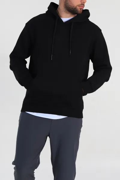 Siyah Oversize Duble Kumaş Basic Erkek Kapüşonlu Sweatshirt 300184
