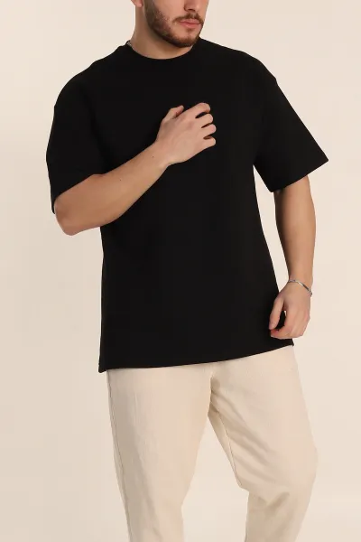 Siyah Oversize Duble Kumaş Nakış Detaylı Erkek Tişört 345721
