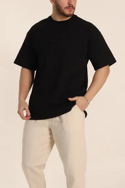 Siyah Oversize Duble Kumaş Nakış Detaylı Erkek Tişört 345721