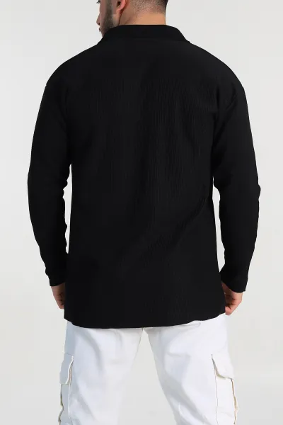 Siyah Oversize Fitilli Doku Fermuarlı Polo Yaka Sweatshirt 324395