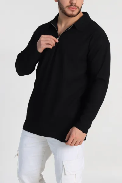 Siyah Oversize Fitilli Doku Fermuarlı Polo Yaka Sweatshirt 324395