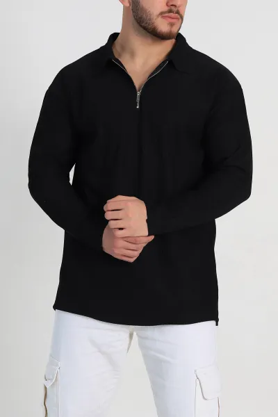 Siyah Oversize Fitilli Doku Fermuarlı Polo Yaka Sweatshirt 324395