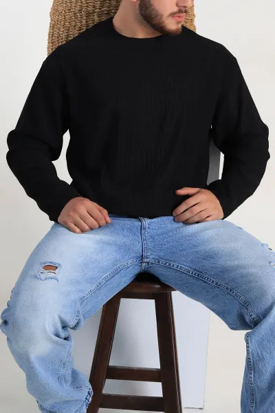 Siyah Oversize Fitilli Doku Geniş Yaka Erkek Sweatshirt 306960